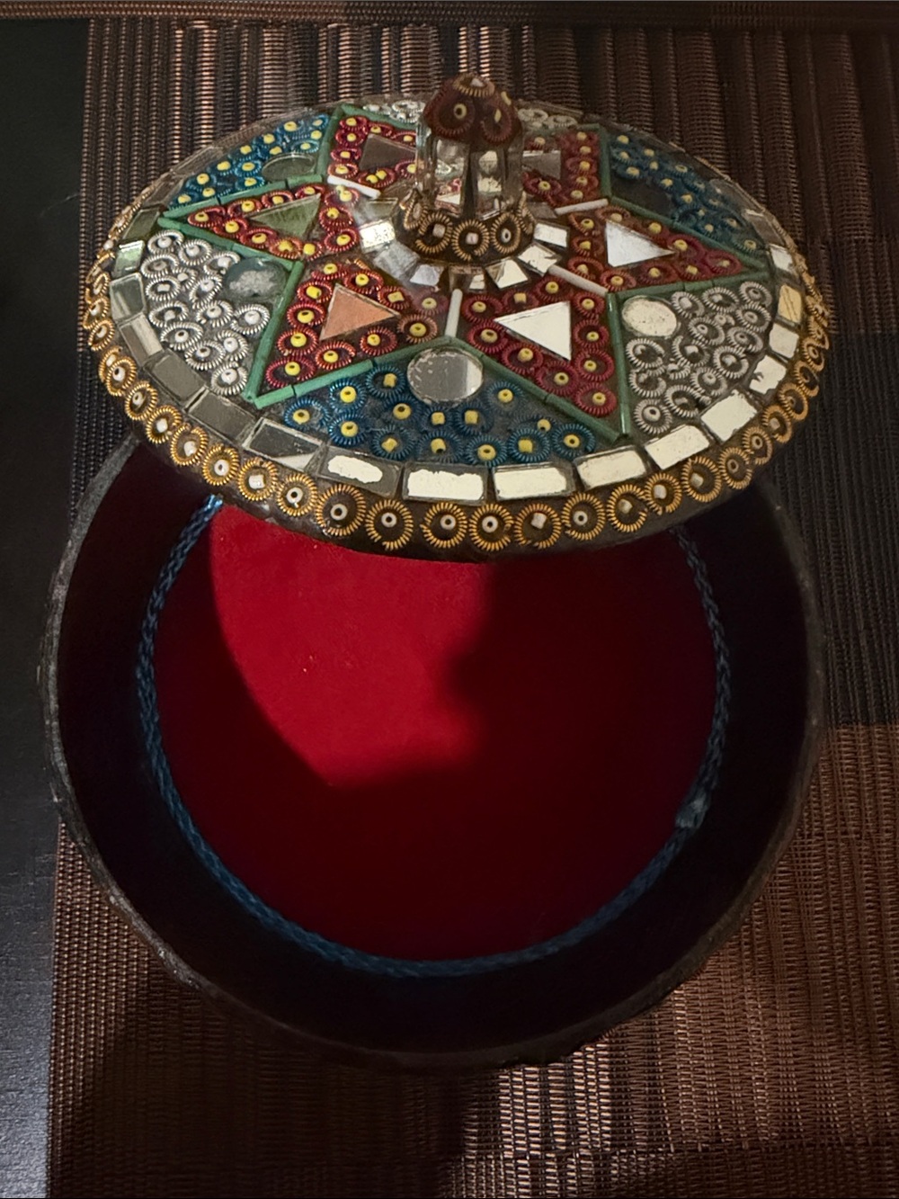 Handcrafted Embellished Round Jewelry Box - Red Interior